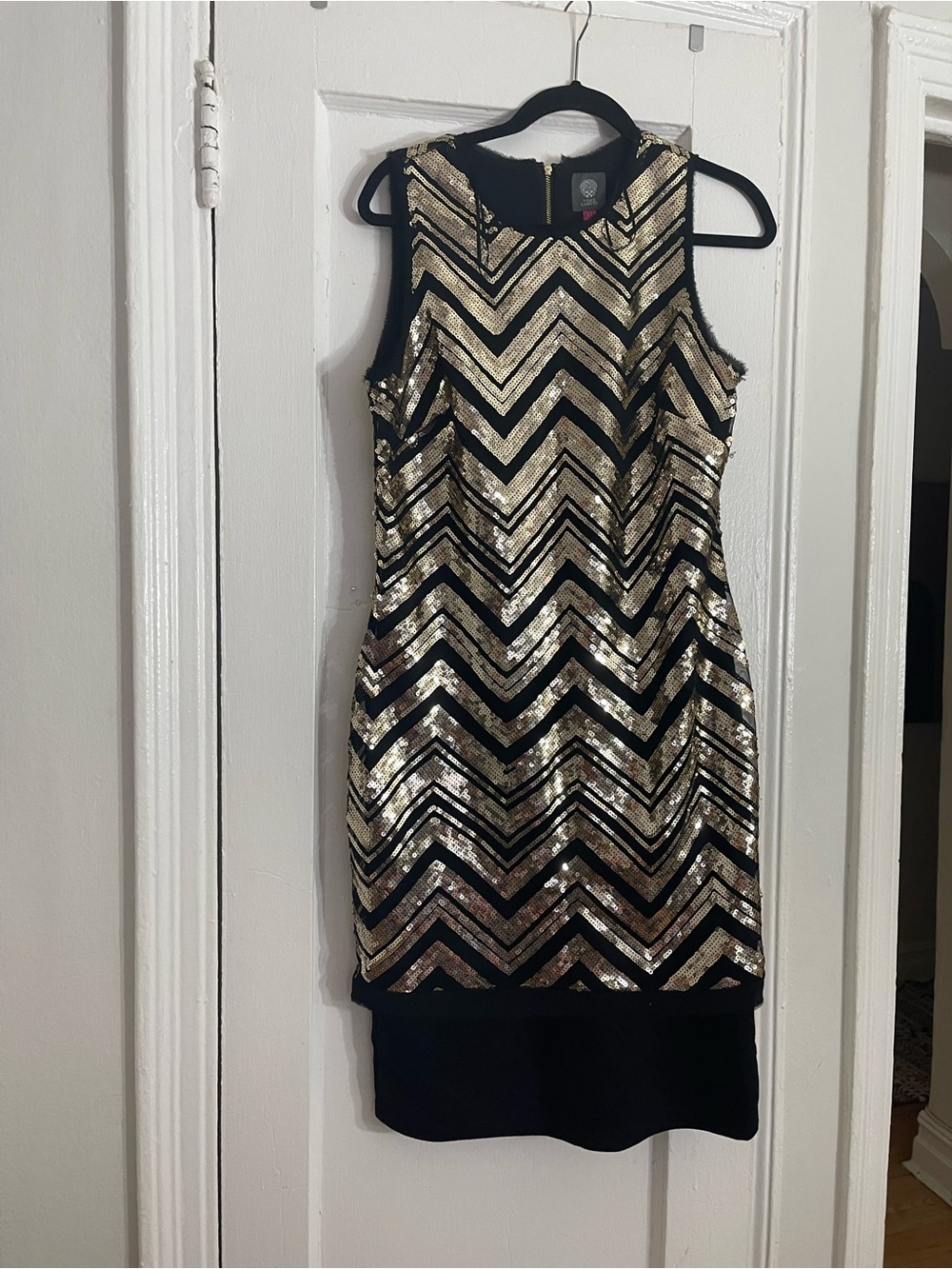 Vince Camuto Black & Gold Chevron Sequin Midi Dress